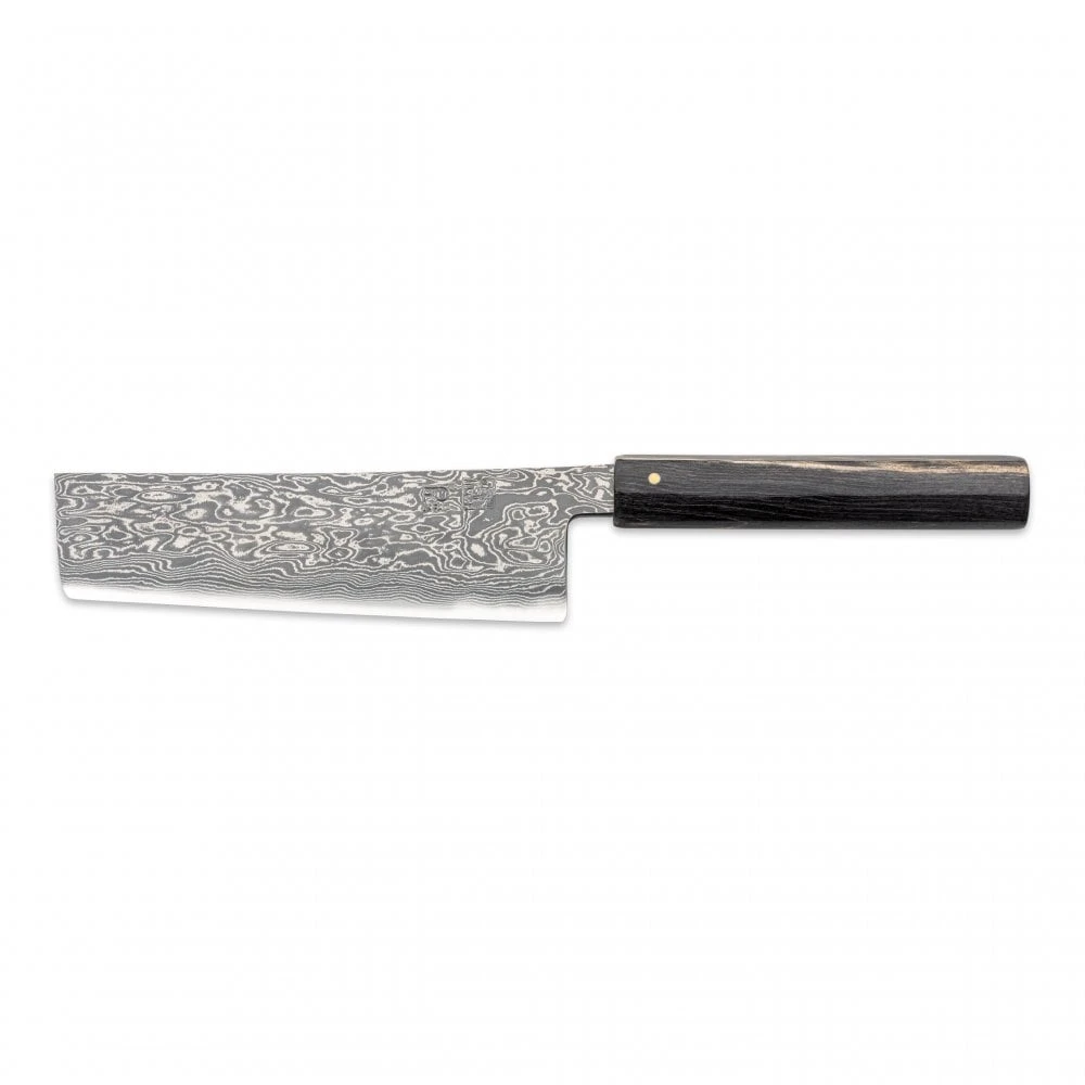 Hinoura Tsukasa FAN OUT Hinoura Tsukasa 16cm Nakiri Black Mushin Damascus Black Handle 1 Hinoura Tsukasa FAN OUT Hinoura Tsukasa 16cm Nakiri Black Mushin Damascus Black Handle