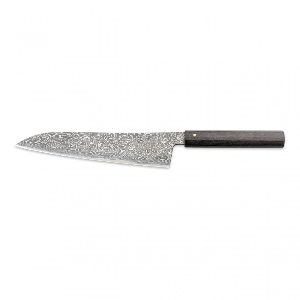 Hinoura Tsukasa FAN OUT Hinoura Tsukasa 21cm Gyuto Black Mushin Damascus Black Handle 1 Hinoura Tsukasa FAN OUT Hinoura Tsukasa 21cm Gyuto Black Mushin Damascus Black Handle